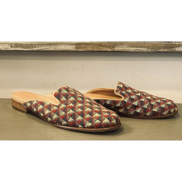 Baggio Italy Mens 10M (Unisex)Handmade Tapestry Mule Loafers Vero Cuoio Leather